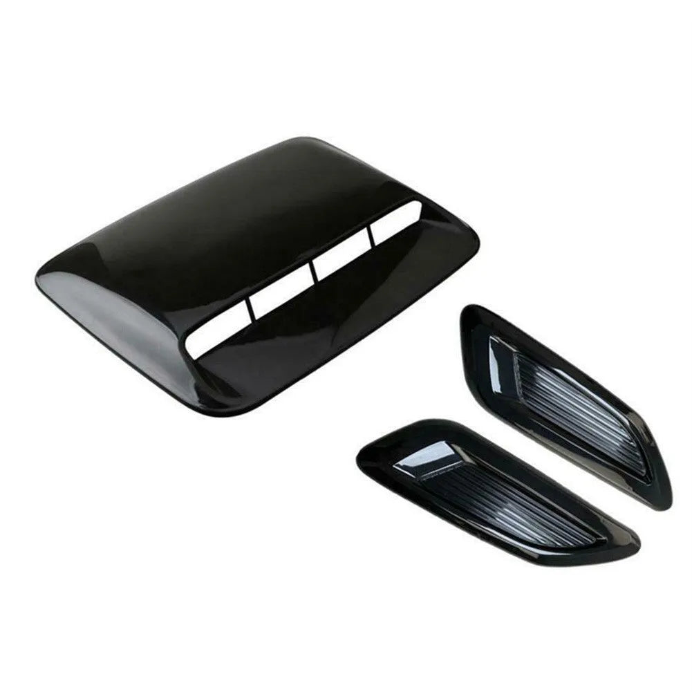 Car airscoop shroud set showing main 40cm cover and two side vent panels in black or carbon fibre finish