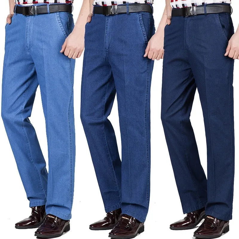 Men's high-waist loose fit blue denim trousers on a hanger, showing the casual cut and zipper fly.