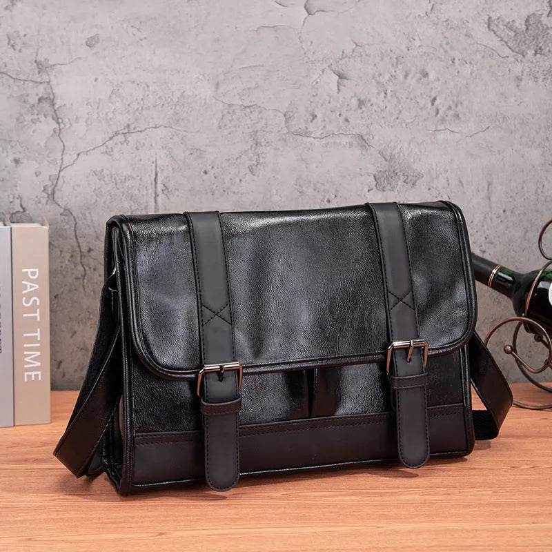 Black Korean style men's commuter backpack with decorative stitching and anti-theft features