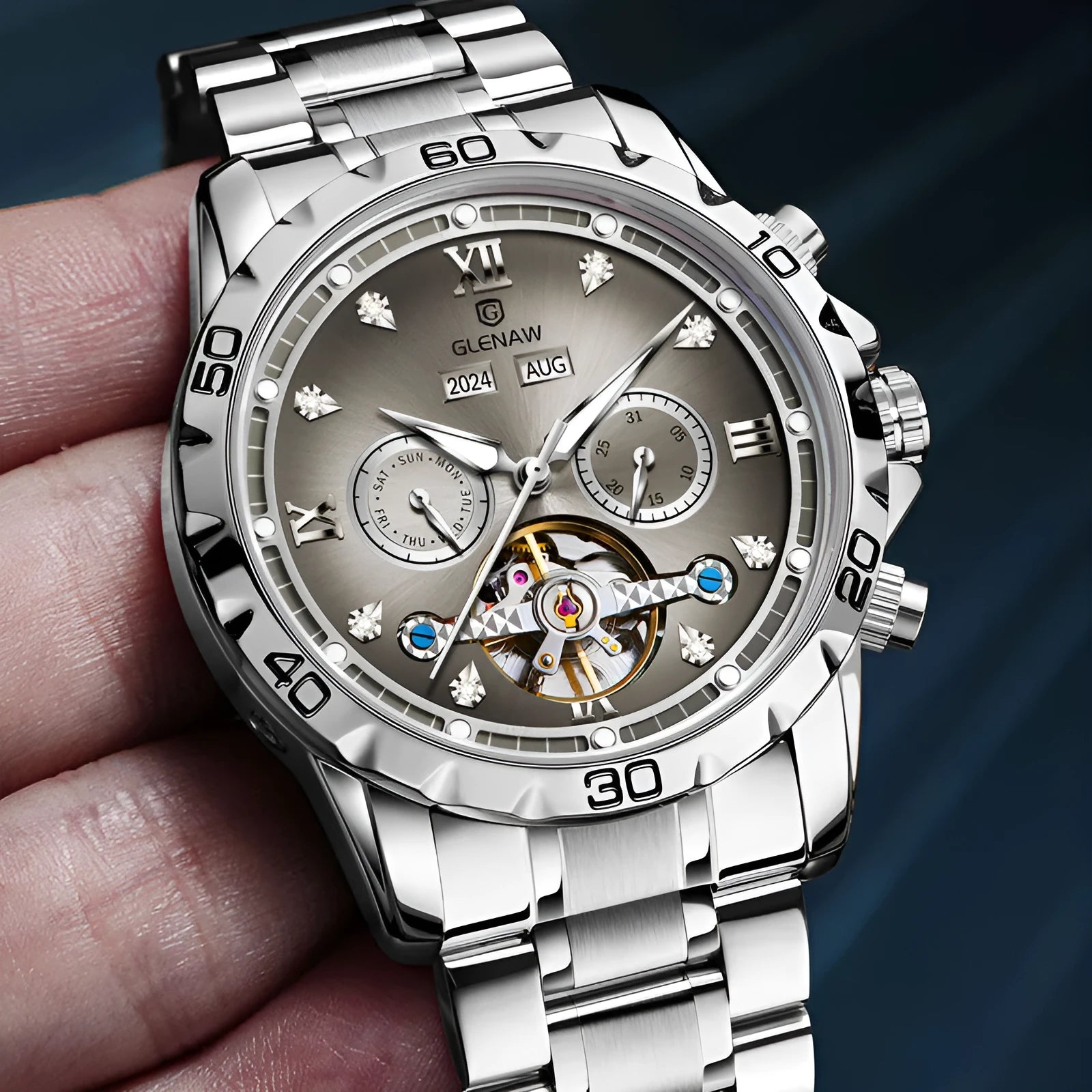 Men's automatic mechanical watch with stainless steel strap and metal case in various colour combinations.