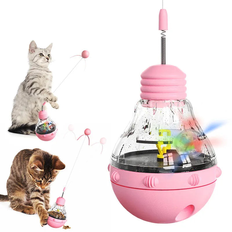 Yellow cat toy wand with bouncing teaser stick, plastic ball, ribbon, and slow feeder compartment
