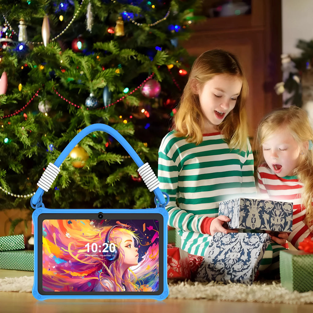 Blue silicone protective case for 7-inch children's tablet with flat strap and included accessories