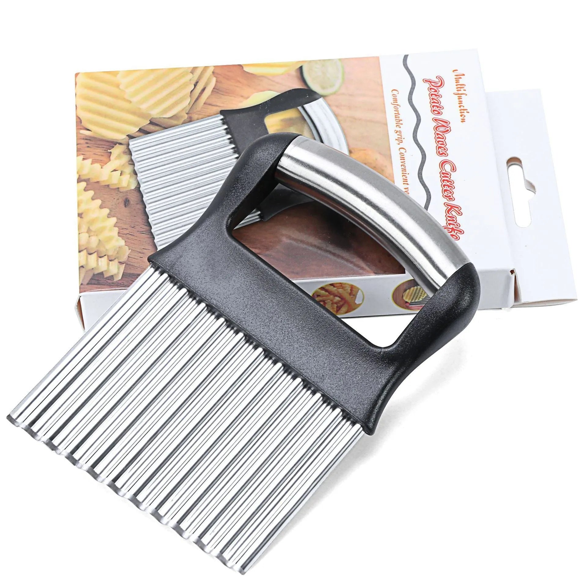 Stainless steel potato wave knife with a wavy blade on a wooden cutting board next to a potato.