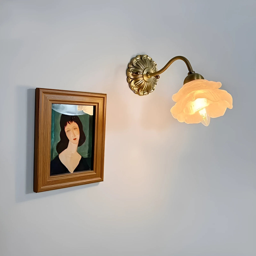 Retro copper wall lamp with frosted glass shade and warm LED light mounted on a bedroom wall