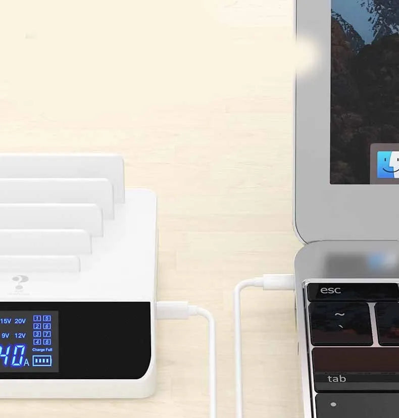 White smart display mobile phone charger bracket with PD multi-port and UK EU US adapters