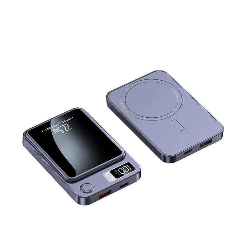 Ivory white magnetic wireless power bank 10000mAh with magnetic ring and storage cable laid flat