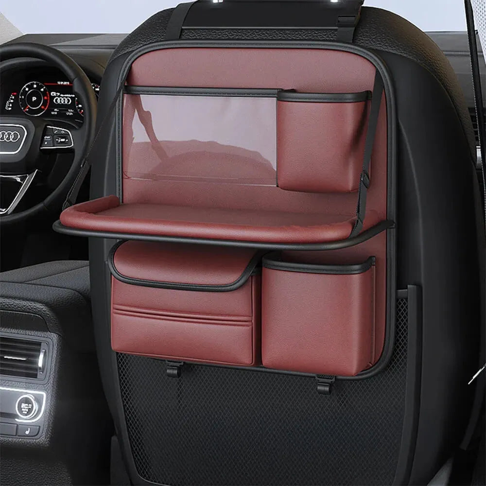 Genuine leather car seat organiser bag with a fold-out table in black, brown, grey, or green.