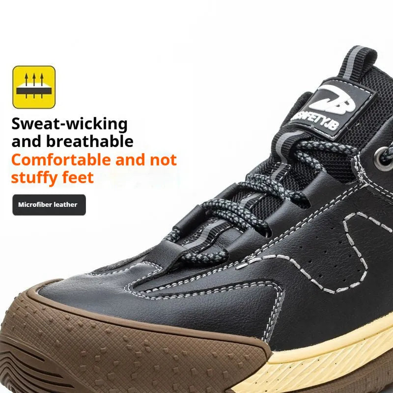 Flyknit men's work shoes in black with a breathable leather upper and textured rubber sole.