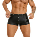 Men's black PU leather boxer shorts with U pouch design laid flat, showing sleek material and construction.