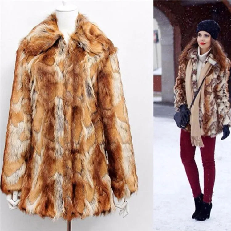 Tiger pattern artificial faux fur leather jacket for women, slim fit and mid-length.