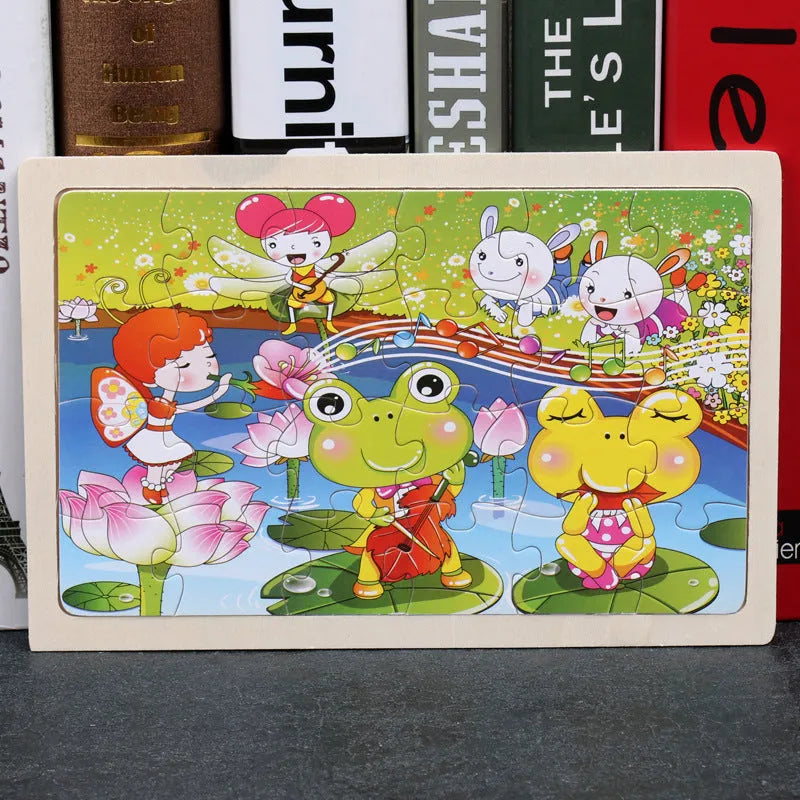 80 piece wooden animal puzzle educational toy set for children in a metal storage box