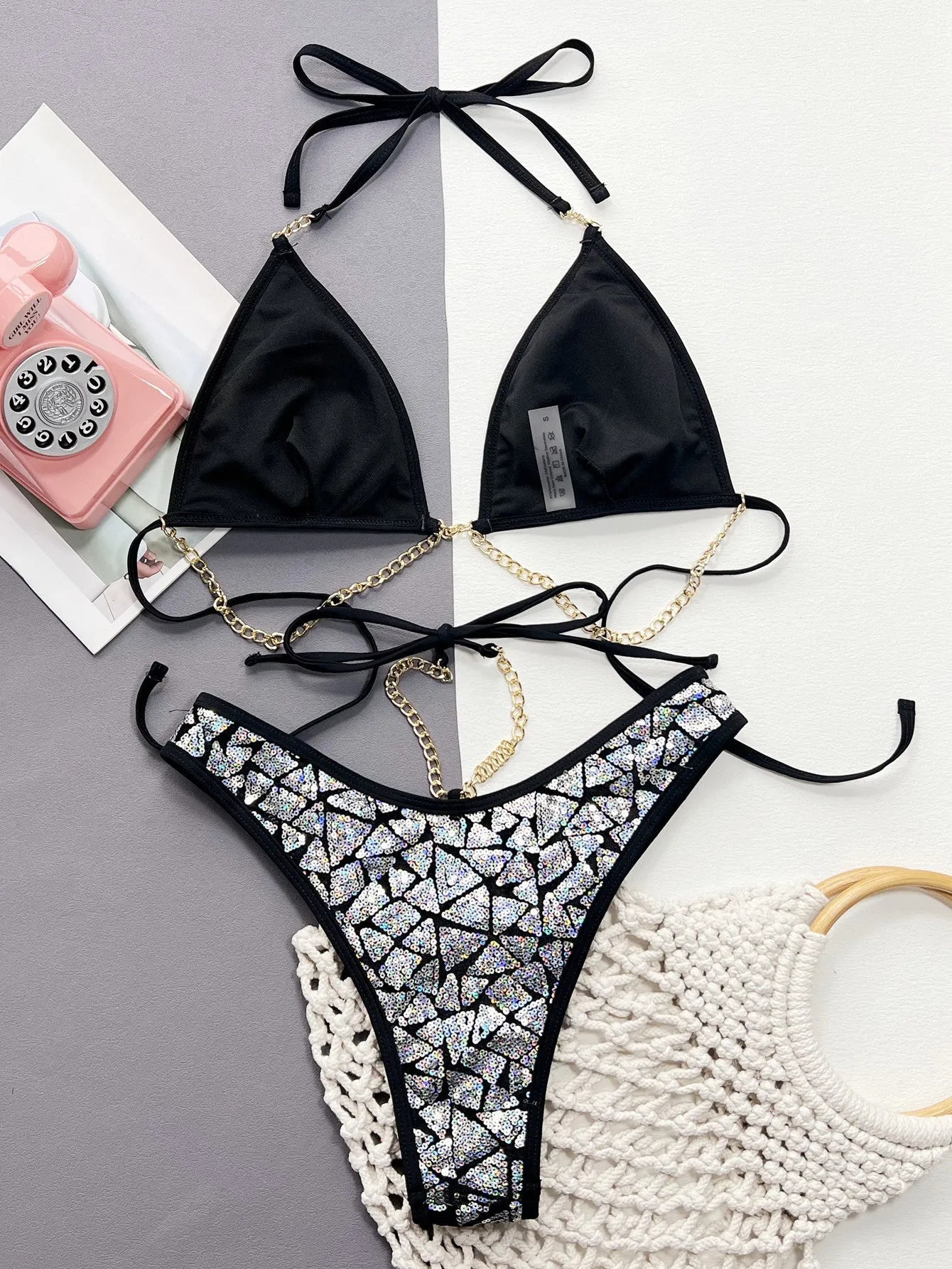 Women's silver black flash iron chain bikini suit with polyester fabric for swimming