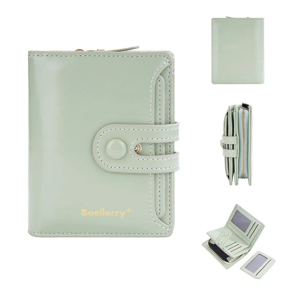 Women's PU leather card holder wallet shown in multiple colour options including black, blue, and pink.