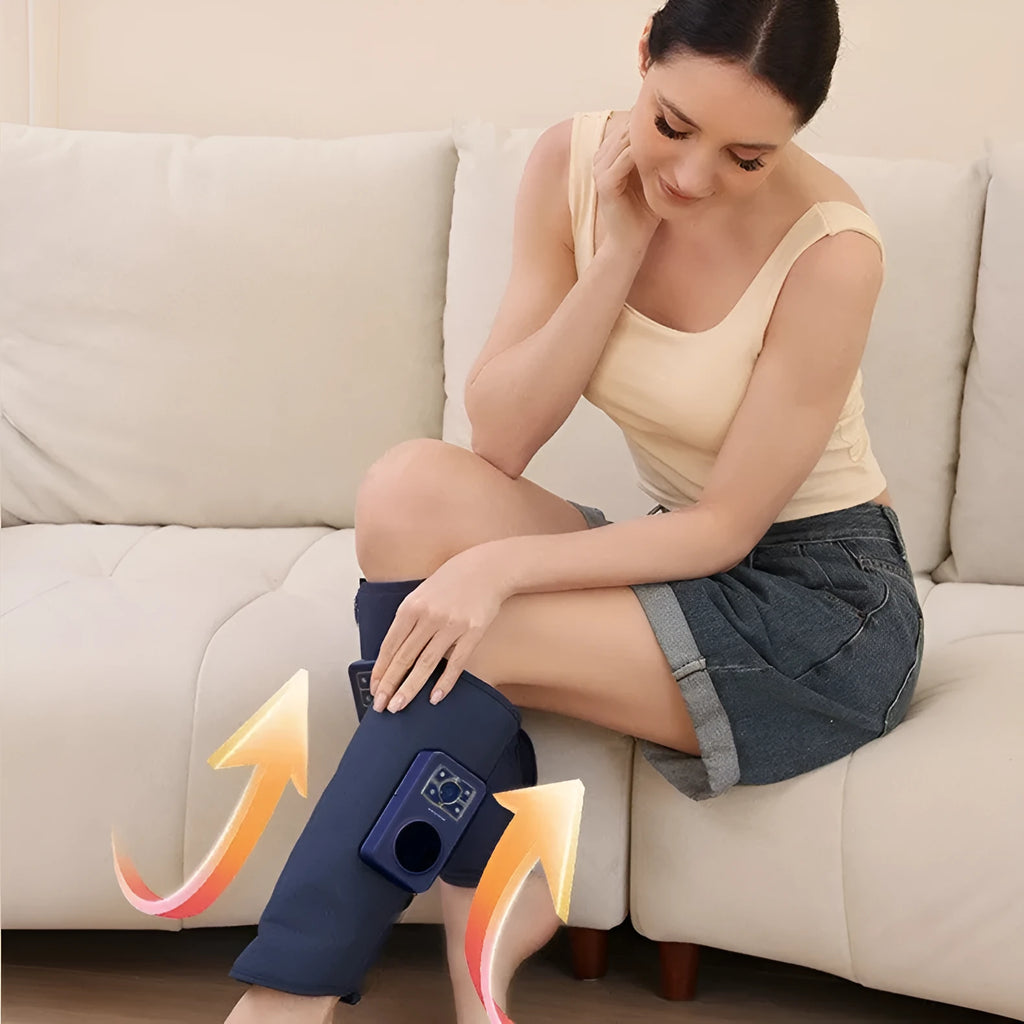 Calf airbag heating leg massager with EMS electric pulse and ultrasonic vibration controls and gear settings
