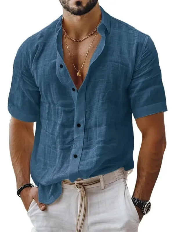 Men's short sleeve lapel shirt in blended cotton linen fabric shown in solid colour options