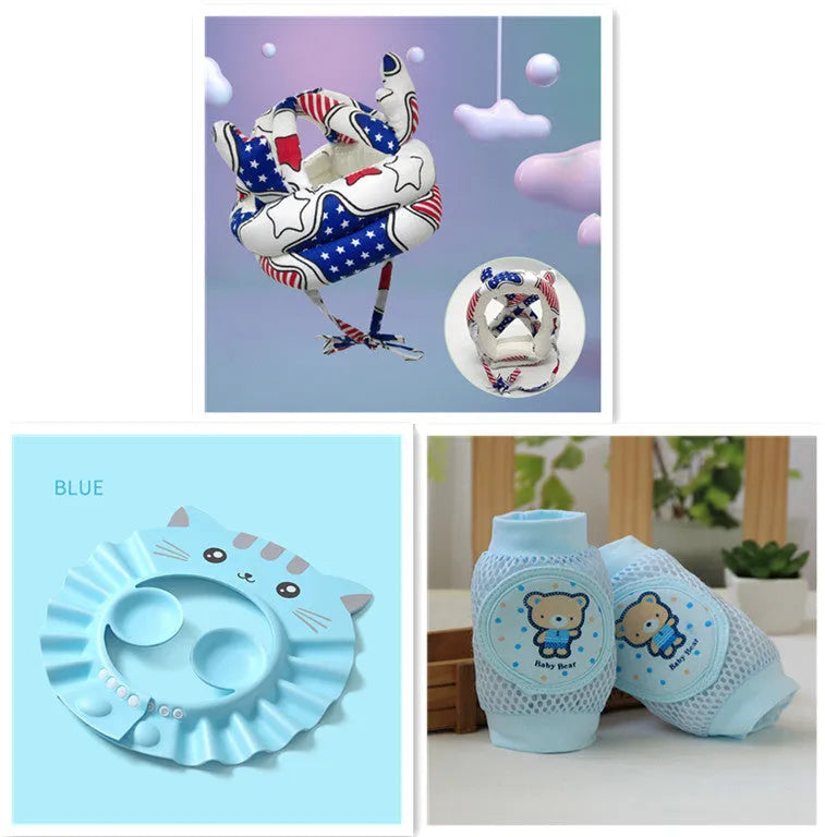 Baby waterproof shower cap with ear protection in cartoon design showing adjustable buckle system