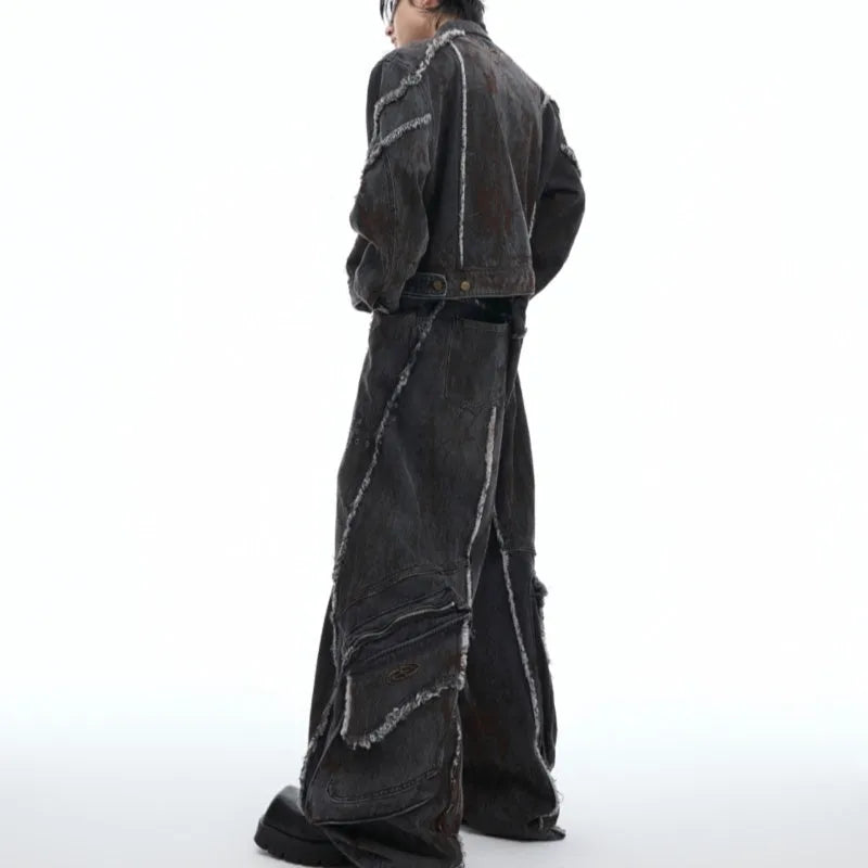 Black raw edge distressed denim coat and pants set with a splash-dyeing gradient pattern