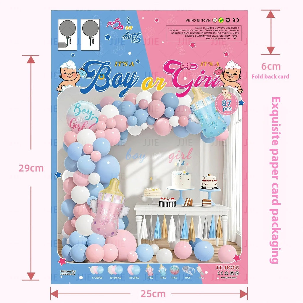 Baby gender reveal balloon decoration kit with aluminium foil balloons in blue and pink, including bottles, ribbon, and tape