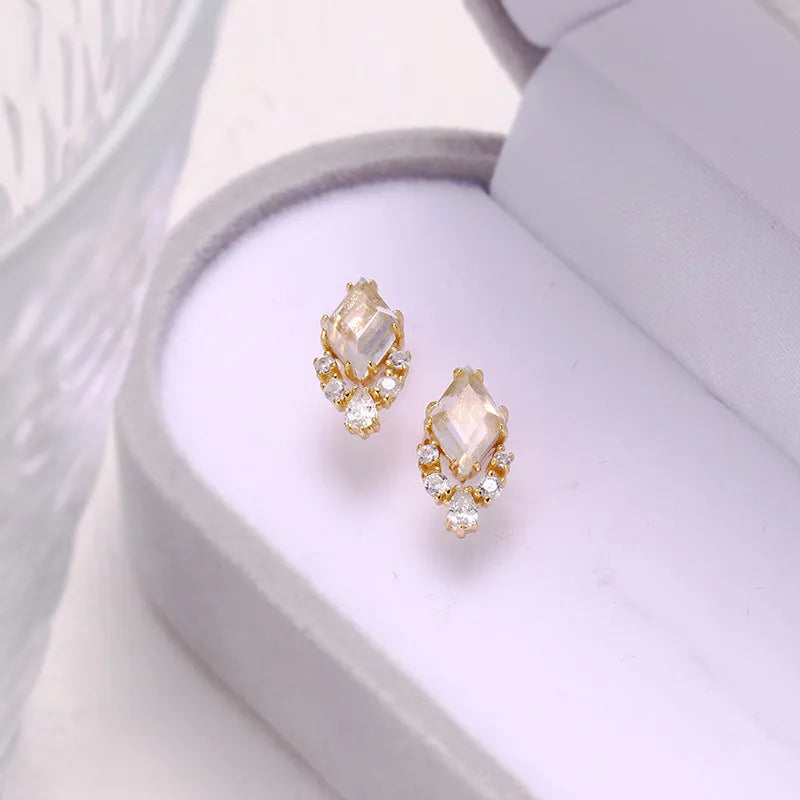 Geometric 925 silver earrings with sweet white crystal studs and electroplated finish