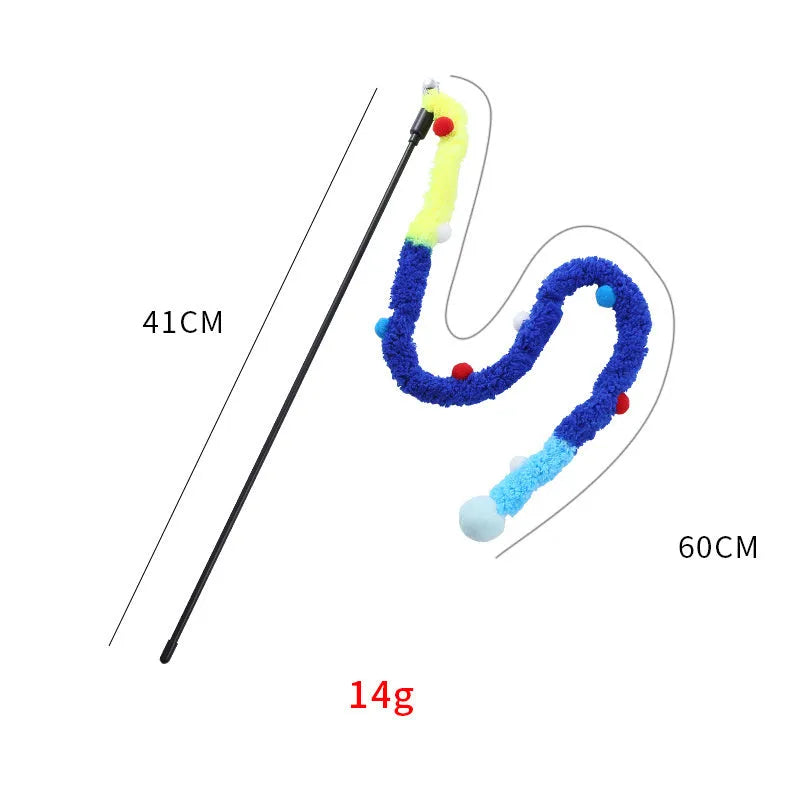 Interactive cat wand toy with plush strip and bell-equipped fluffy ball in blue, green, or pink