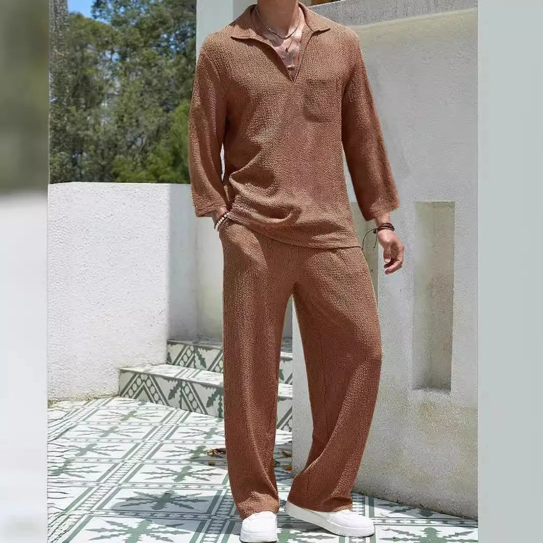 Men's casual commuter suit set in polyester, showing shirt and trousers in a choice of four colours.