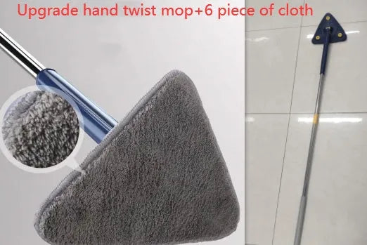 Extendable triangle mop with rotating blue head and adjustable stainless steel pole for corner cleaning