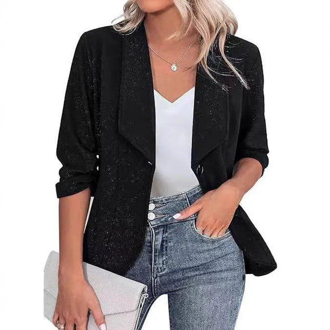 Close-fitting slim fit women's suit jacket cardigan in black, white, or wine red.