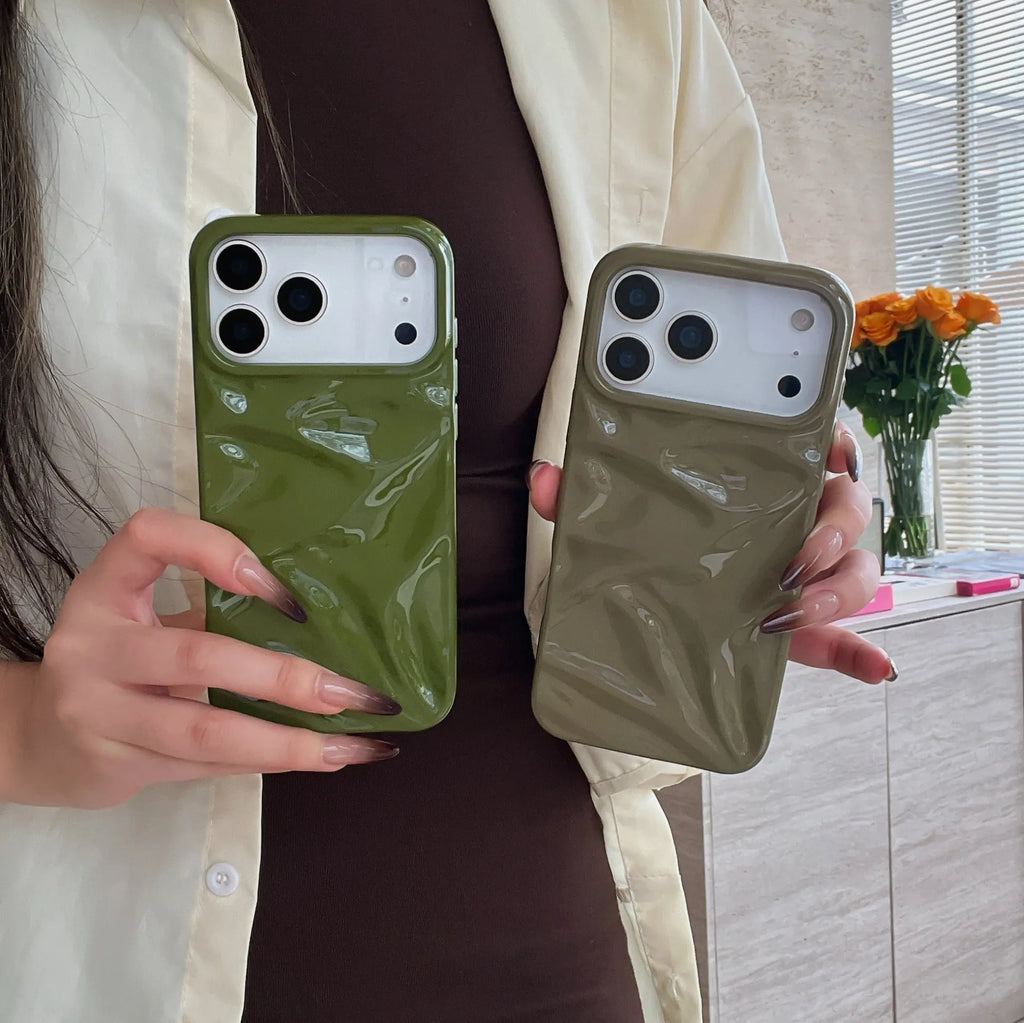 QF pleated TPU phone case in green for iPhone 15 Pro with three-dimensional textured pattern