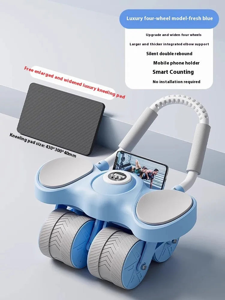 Blue abdominal exercise wheel with large padded elbow supports on a home floor.