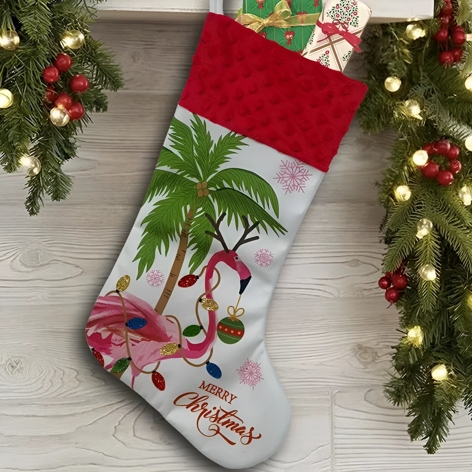 Flamingo cloth Christmas stocking pendant, 46 by 28 cm, in American holiday style.