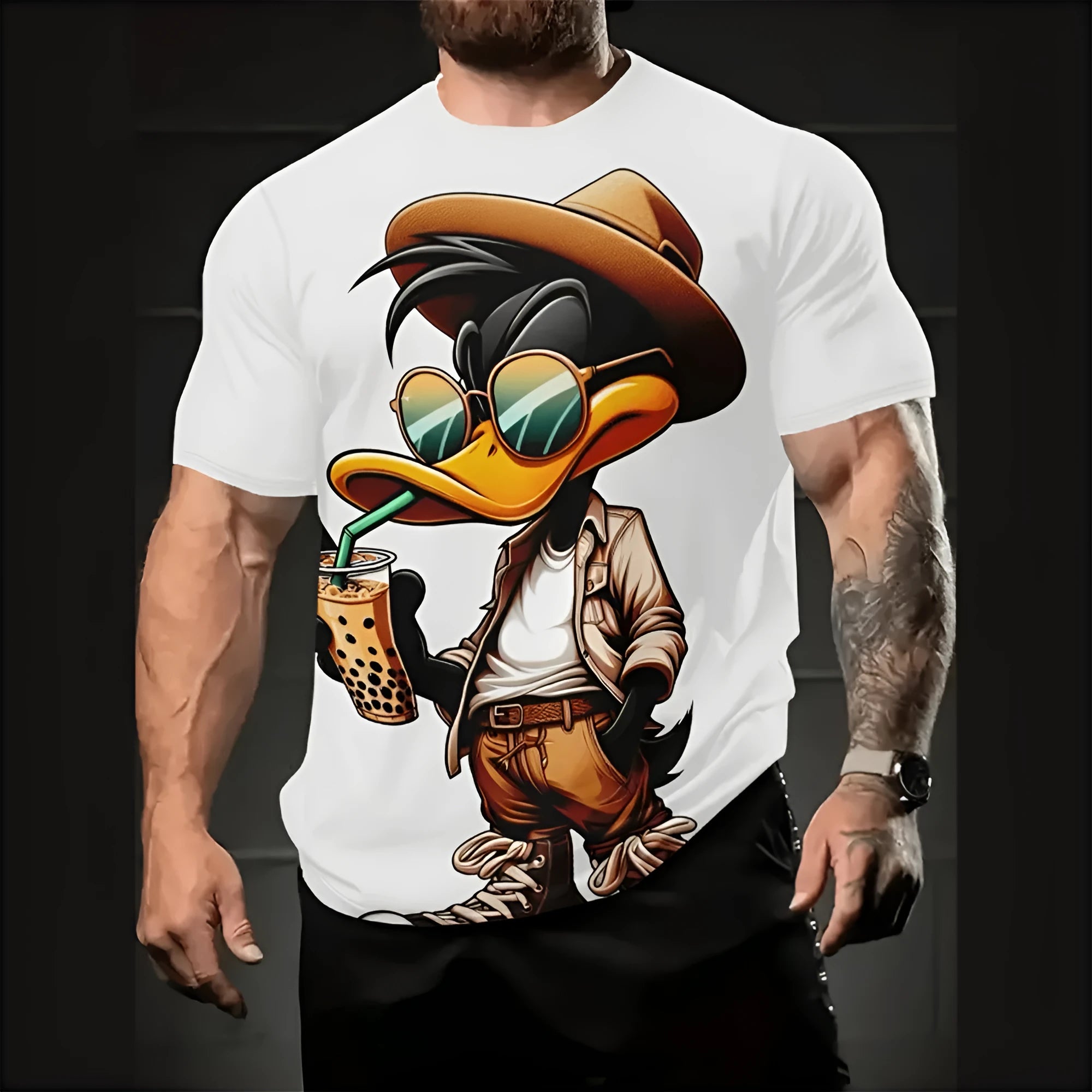 Men's loose casual t-shirt with 3D printed cartoon pattern in milk silk fabric