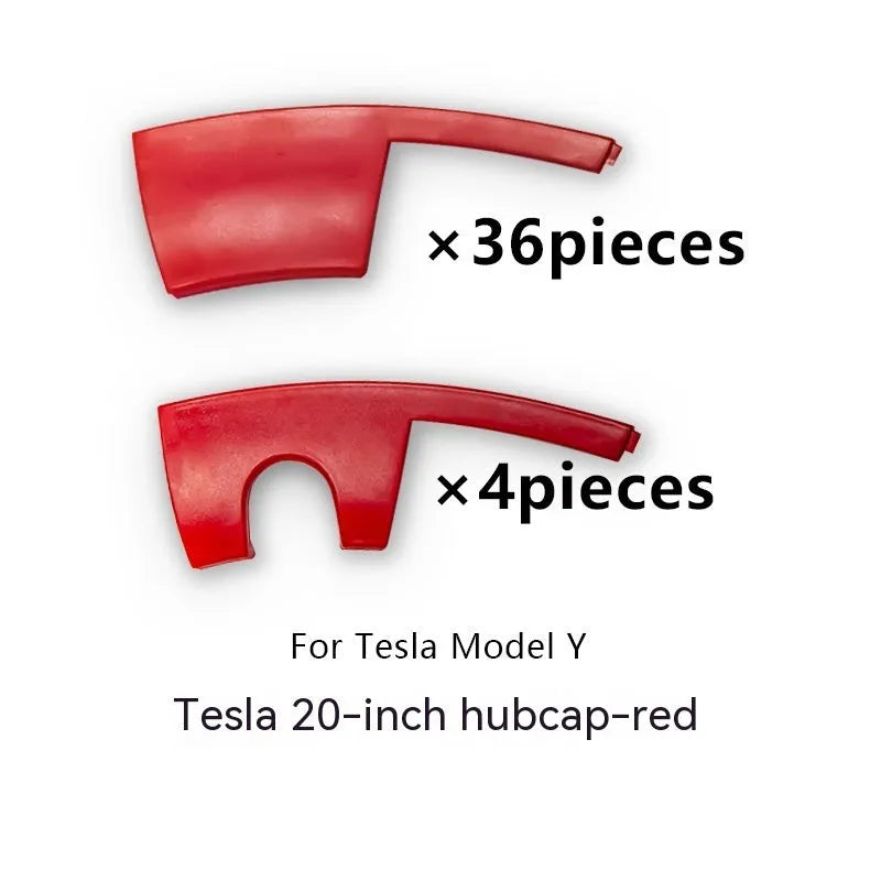 Set of Tesla Model Y plastic wheel hub covers in black, white, red, and carbon fibre pattern finishes.