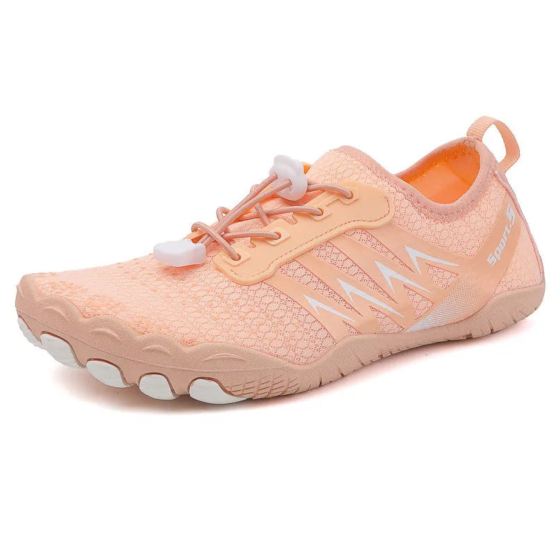 Quick-drying mesh river tracing shoes in apricot colour with low-top design and rubber sole