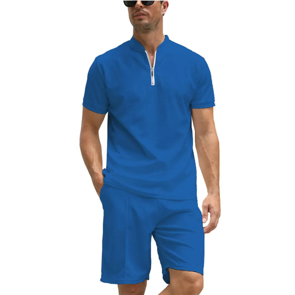 Men's solid colour polo shirt and trousers two-piece suit set in beaded bird's eye fabric.