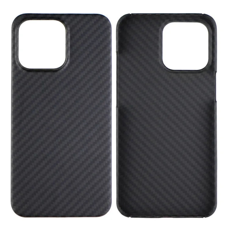 Dull Black Kevlar fibre iPhone case with Magsafe magnet for models 14, 13, 12, 11, and X.