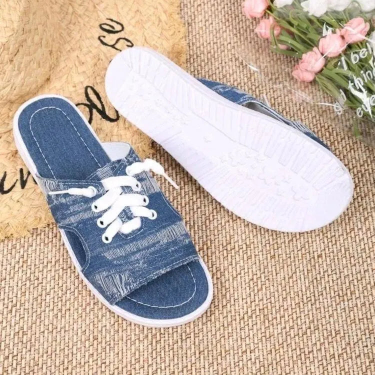 Blue women's flat canvas slippers with cloth upper and rubber sole in roman style
