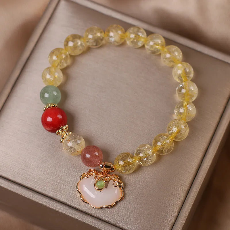 Natural citrine jade Ruyi pendant bracelet for women with yellow hair crystal patterns on alloy chain