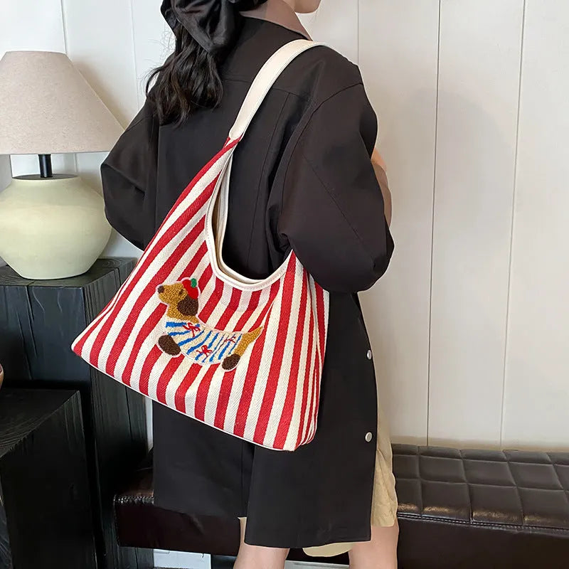 Large capacity shoulder bag with embroidery cartoon anime design, PU material, horizontal square shape, black red or blue