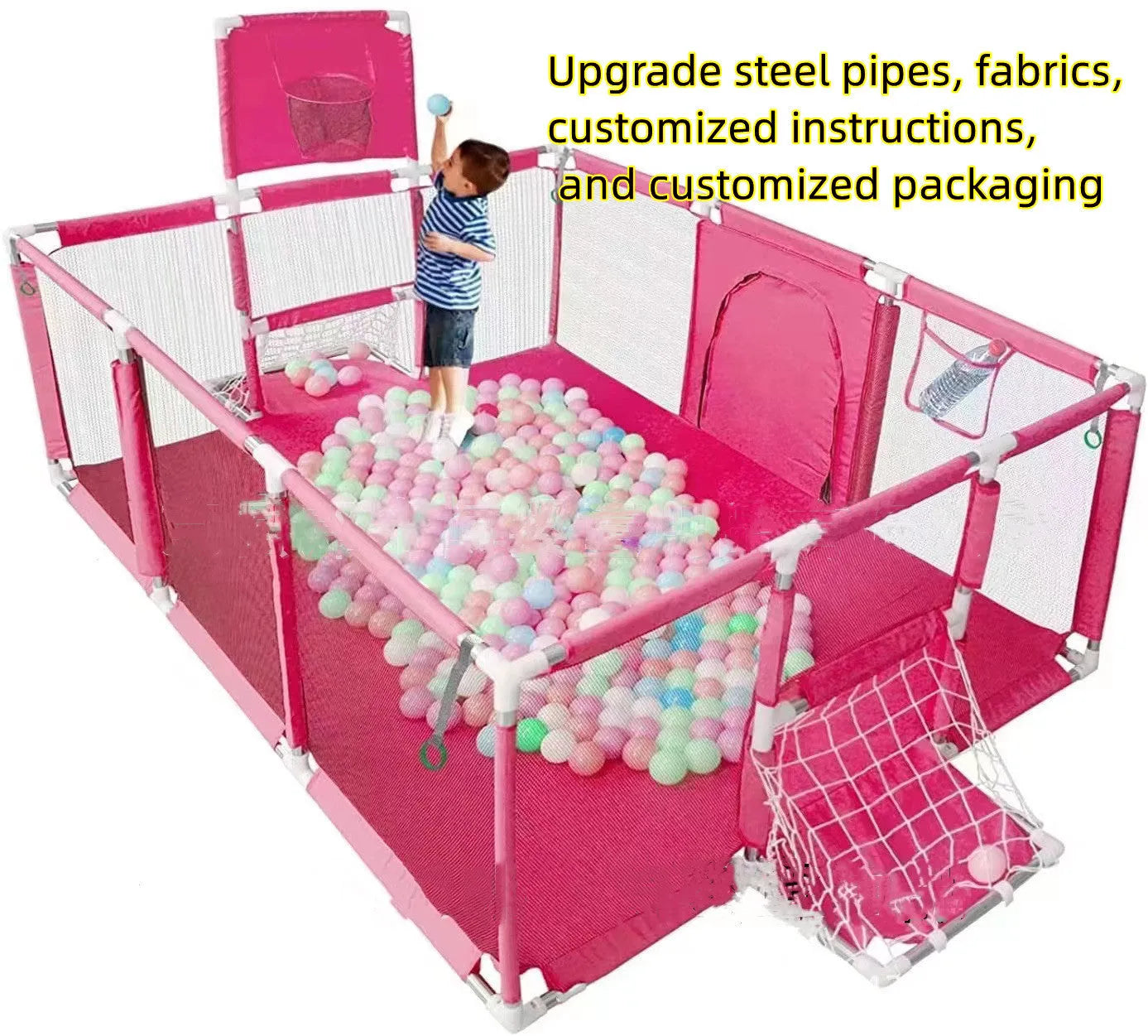 Large blue children's playpen tent with stainless steel frame and Oxford cloth walls set up indoors.
