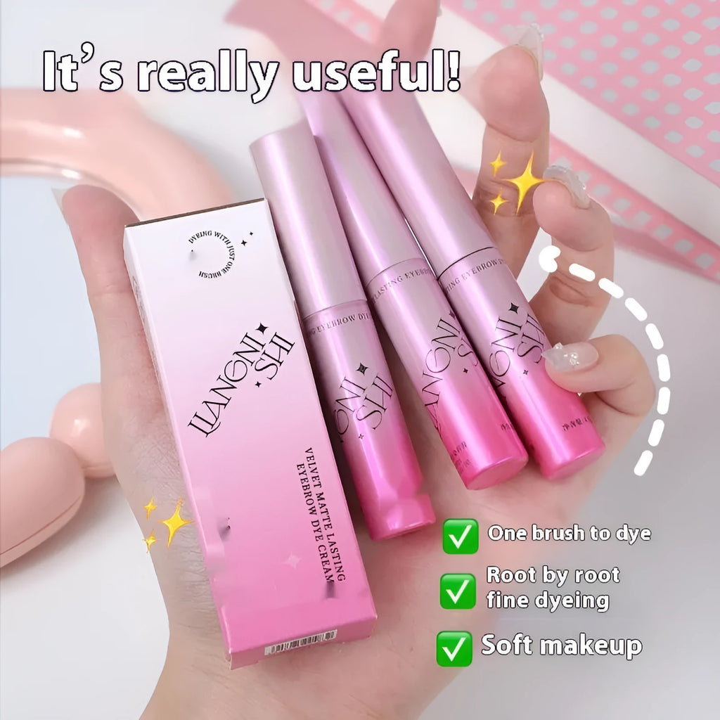 Long-lasting velvet fog eyebrow cream in 4.5g container with four colour options