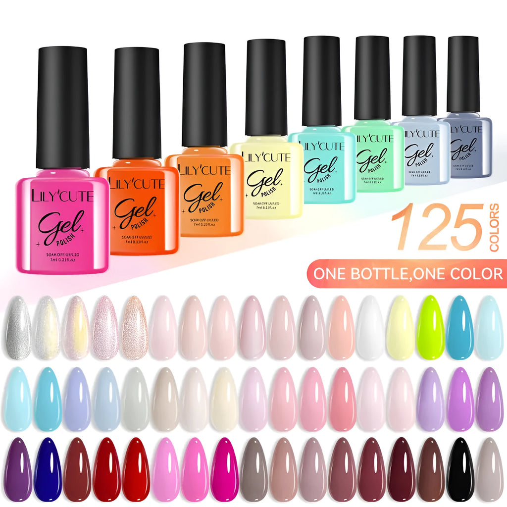 UV gel nail polish set showing bottles in multiple solid and glitter colours.