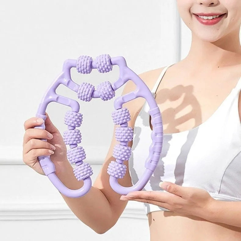 A clip-on leg massager roller with multiple wheels, shown in lilac purple colour.