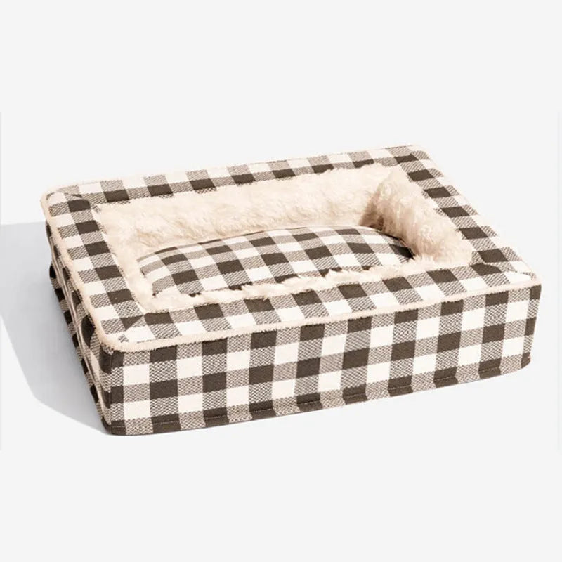 Classic plaid dog cushion with removable cover in red, shown next to a measuring tape indicating its size.