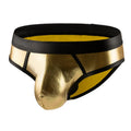 Men's gold patent leather colour bikini swim briefs with low-waist body-shaping fit
