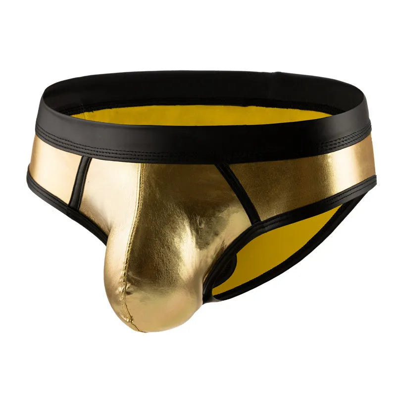 Men's gold patent leather colour bikini swim briefs with low-waist body-shaping fit