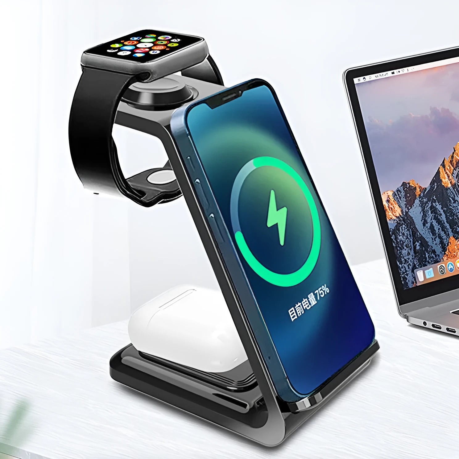 White 3-in-1 wireless charger with upright phone holder on a desk, showing Type-C port and dual-coil charging pad.