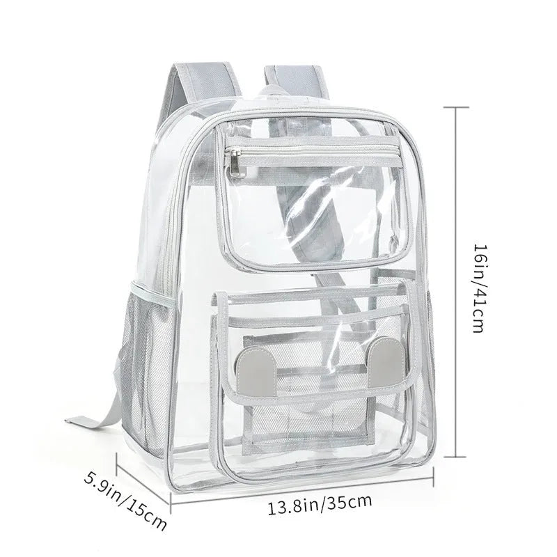 PVC transparent large backpack in solid colours like black, grey, rose red, and sapphire blue