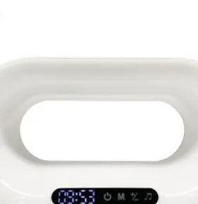 White smart desk lamp with wireless charging pad, alarm clock display, and RGB lighting measuring 23.8 x 7.8 x 13.5 cm