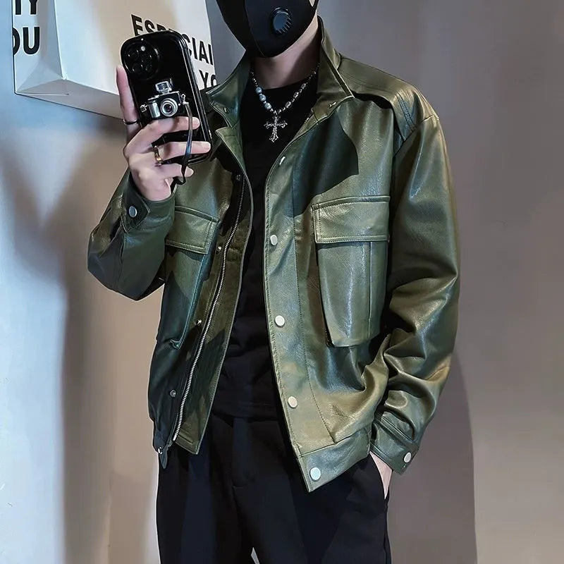 Men's black Korean style PU leather jacket with a straight hem, shown as spring and autumn outerwear.