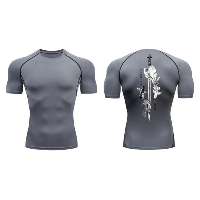 Men's short sleeve shirt with sword pattern print in lightweight polyester blend fabric